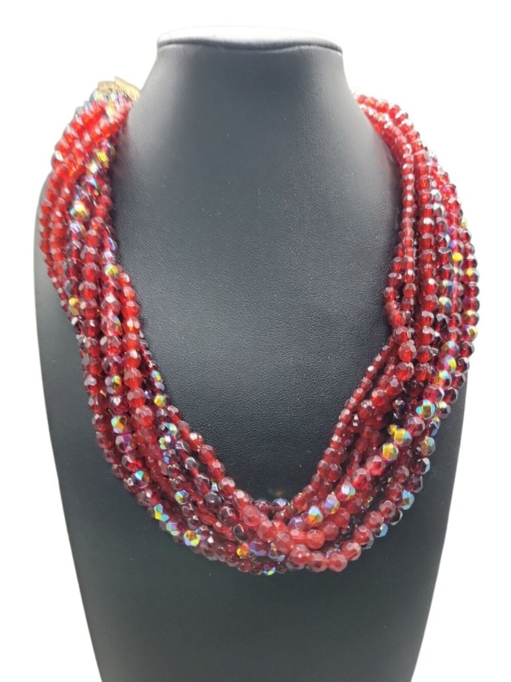 Vtg Red Multi-Strand Necklace Torsade Choker Small Beaded Simulated Crystals 20"